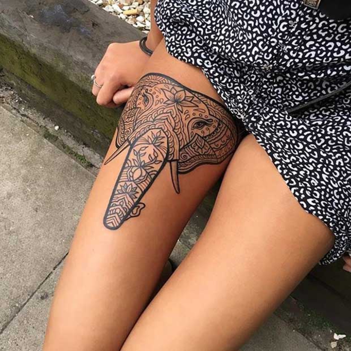 tatuaje en el muslo, elefante, tatuaje de la pierna, motivos del tatuaje para las mujeres