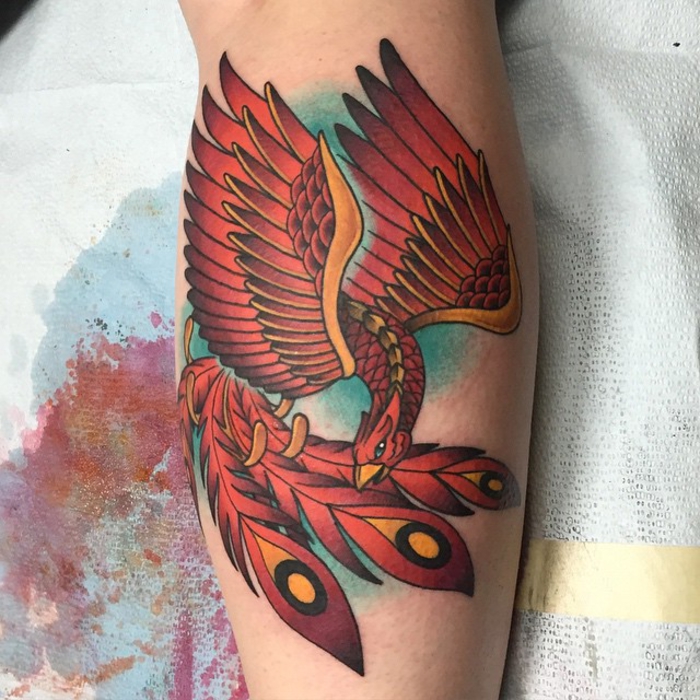 tatuaje en la pantorrilla, phoenix, tatuaje de la pierna, motivos de tatuajes para hombres