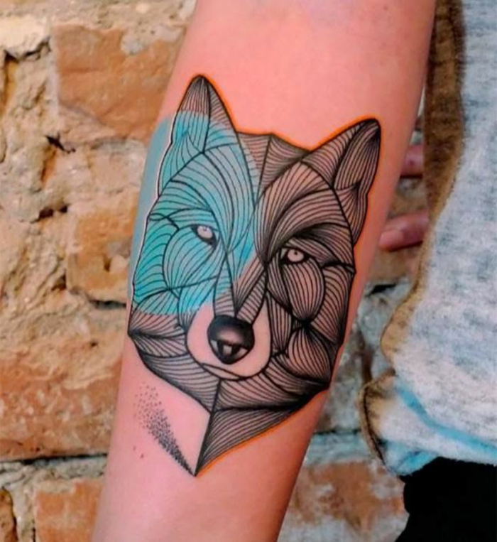 tatuointi kuvio susi koira tai mikä eläin on värikäs eläinten sininen vaaleanpunainen värit arm maali