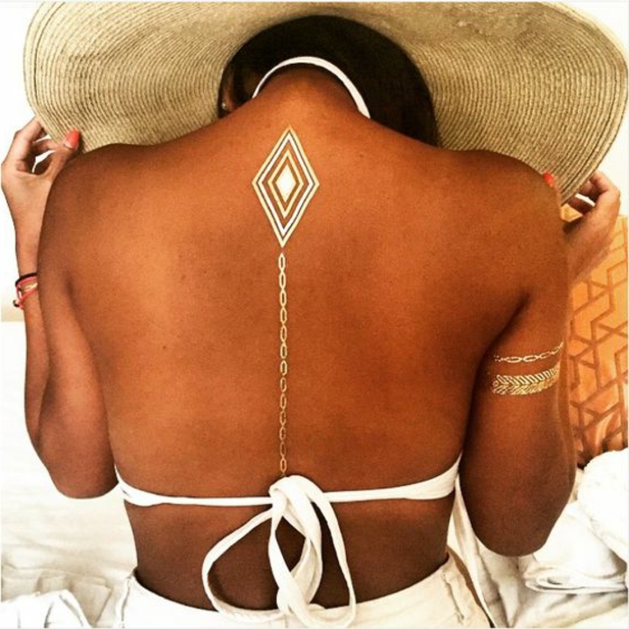 tatuoinnit naisen kunnollinen tatuointi takana ketjun muotoinen linja valkoinen uimapuku kultainen rannekkeet