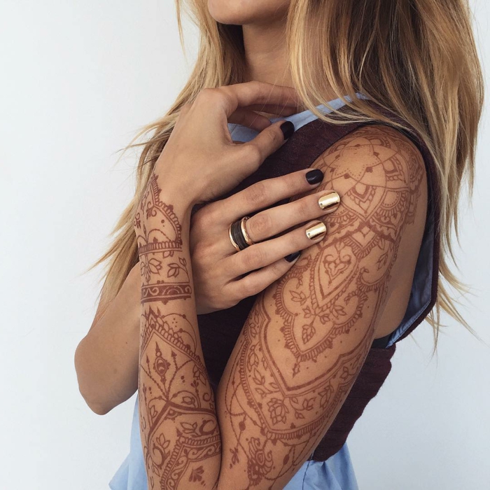 tatuointi malleja pitkä tatuointi ganyen käsivarren ruskea väri henna väliaikainen tatuoinnit manikyyri rengas