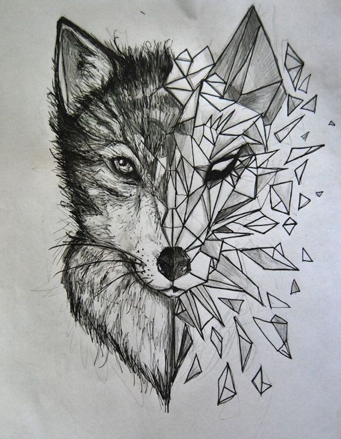Piirustus mustalla kynällä, susi, geometrinen eläinten tatuointi