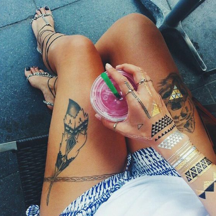 tatuointi olkapää nainen käsi jalka reisi smoothie sandaalit shortsit värikäs suunnittelu ideoita manikyyri