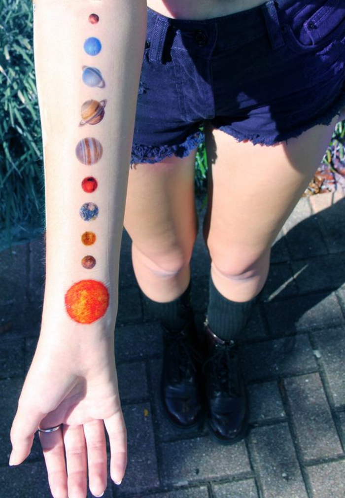 kaunis tatuoinnit kosmos aurinkokunta kaikki planeetat meidän järjestelmämme venus mars maa aurinko käsi
