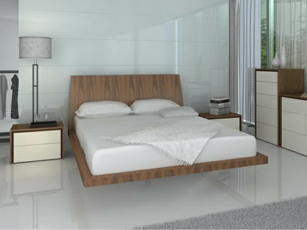 غرفة نوم حديثة مع سرير خشبي عائم