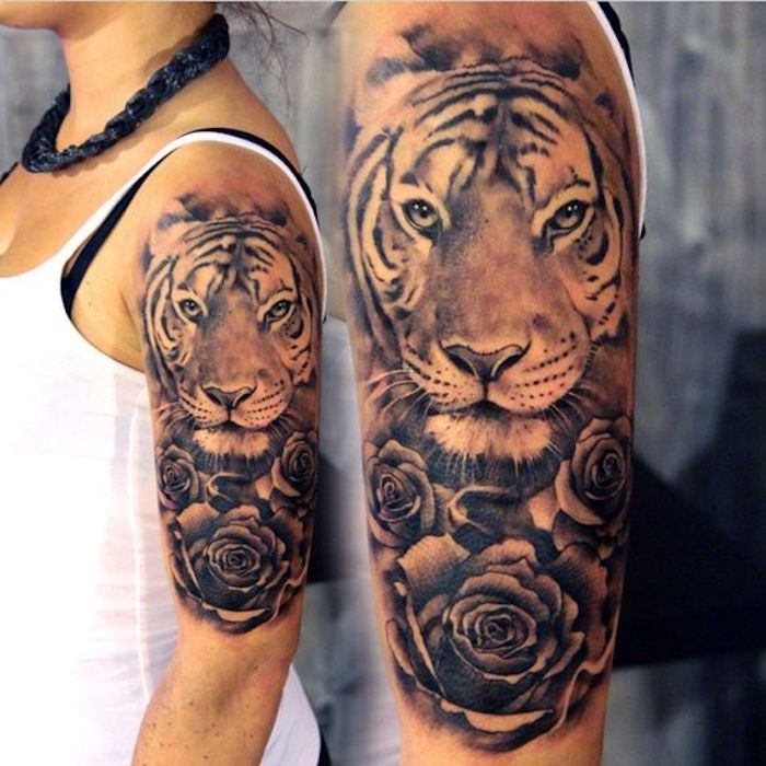 tatuaje de cabeza de tigre, rosas, collar negro, mujer, tatuaje de brazo superior