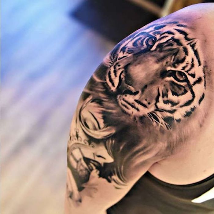 Tatuajes de tigre, cabeza de tigre, tatuaje en blanco y negro