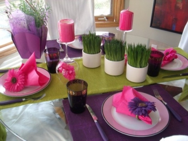 סופר קישוט שולחן יפה - סגול ורדרד גוונים ירוקים צמחים