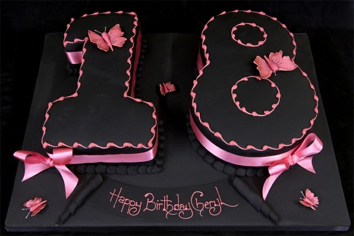 فطيرة إلى 18 عاما تاريخ الميلاد الكعك والأسود الوردي-كعكة عيد ميلاد-أنيقة-جميلة