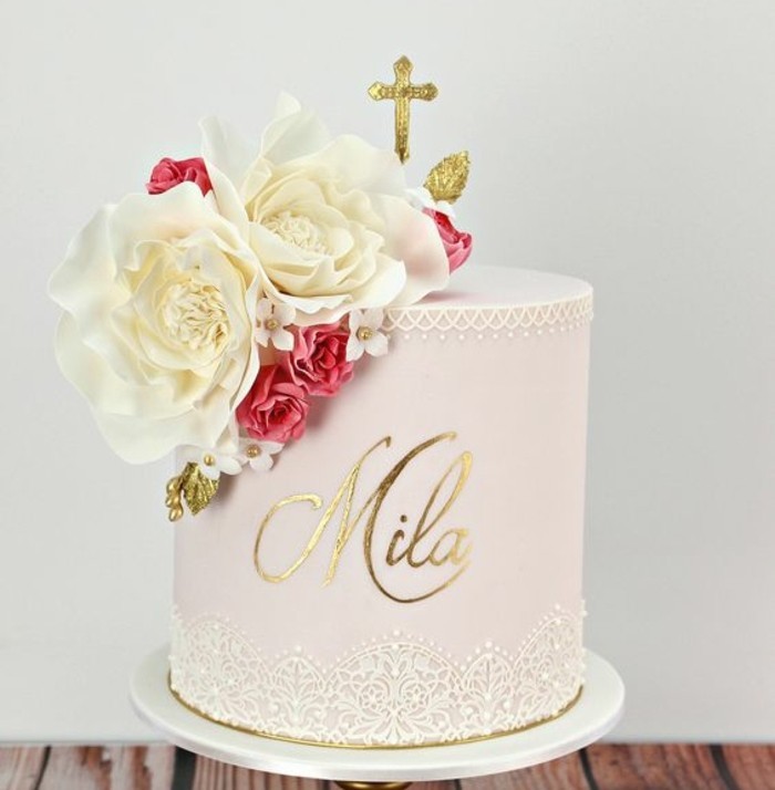 tartes à gâteaux baptême-pour-baptème-a-fille de rose-fleurs
