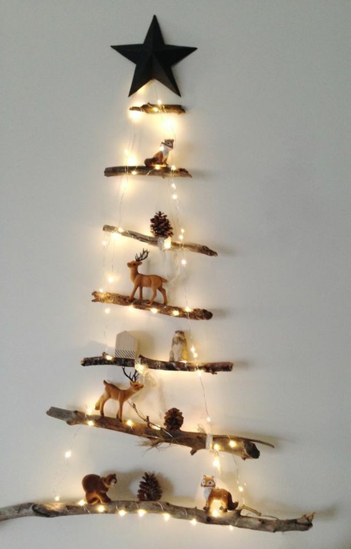 Driftwood wanddeko क्रिसमस ट्री-ऑफ-लकड़ी के साथ-छोटे आंकड़े काले सितारा सनोबर की चिलग़ोज़ा