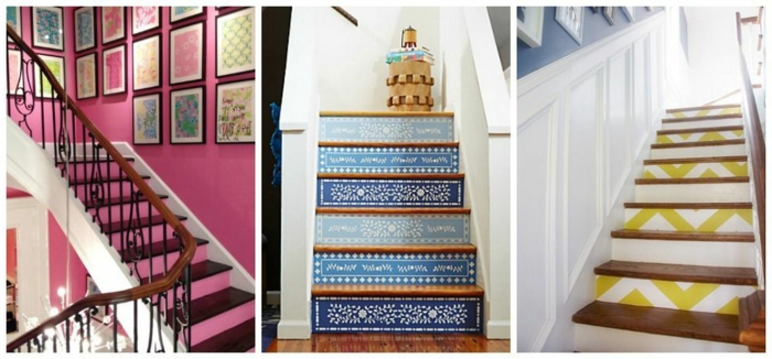 Tres colores del diseño de la escalera: rosa, azul y verde en diferentes formas