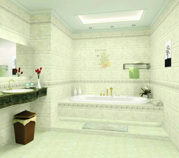 超现代浴缸vekleiden高天花板和红色的花朵作为装饰