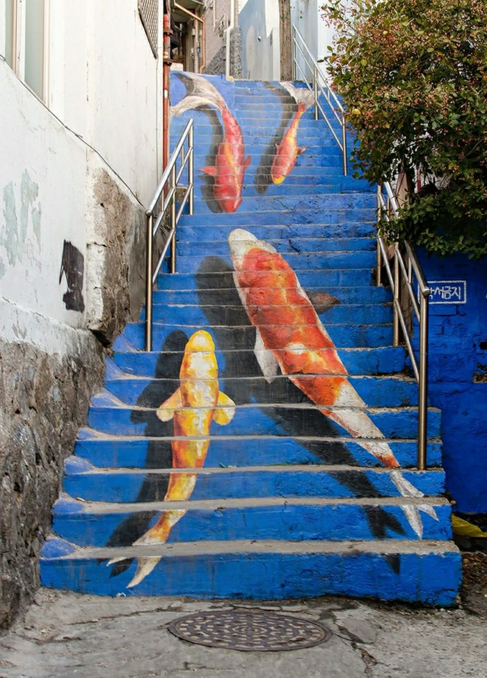városi-street-art a tengeri halak Graffiti lépcső