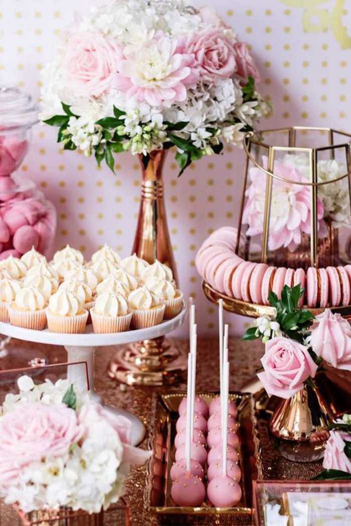 Au revoir, fête d'adieu, cupcakes, fleurs et macarons français