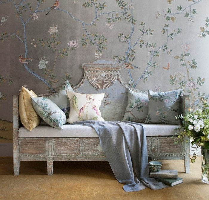 复古沙发垫与花卉图案 - 壁纸 - 蓝花，鸟