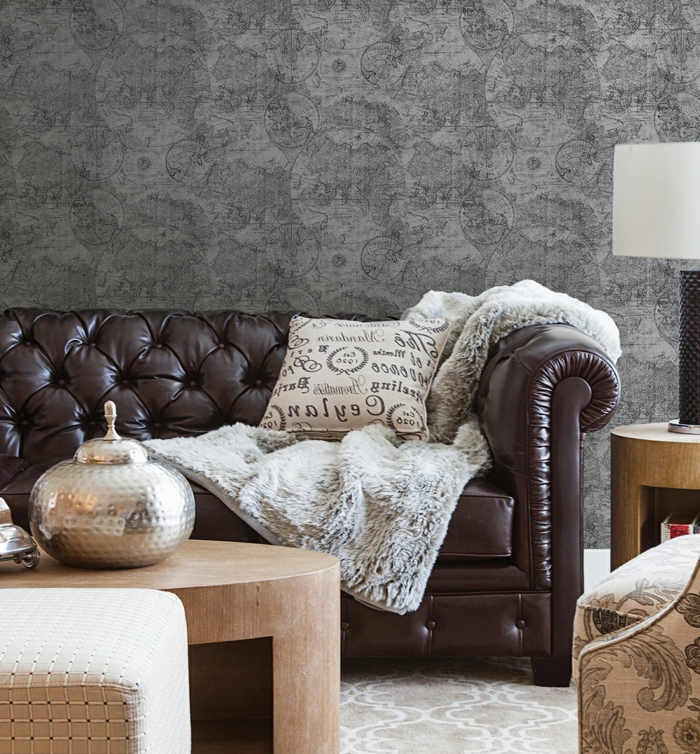 复古客厅室内真皮沙发椅优美灰色复古壁纸
