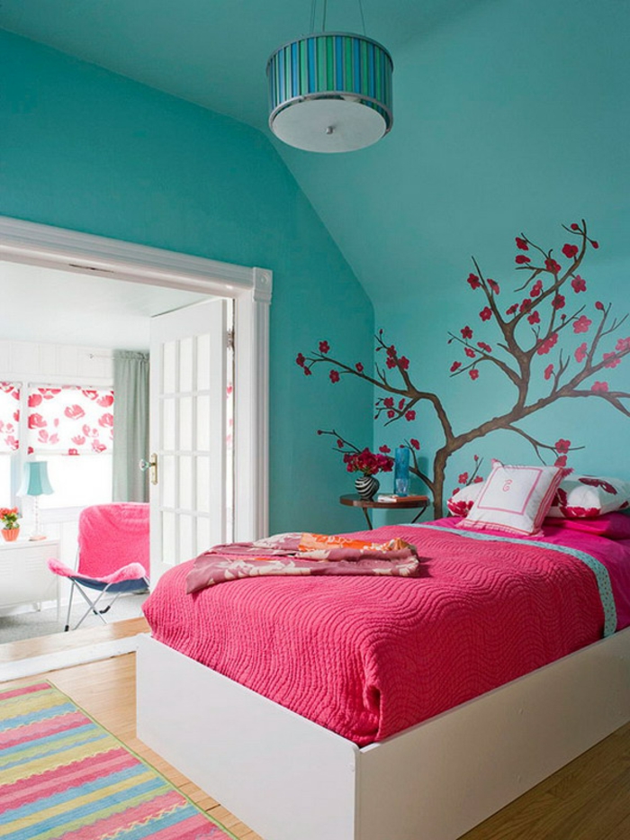 Styler paredes con color turquesa-dormitorio con cama de color rosa-pared