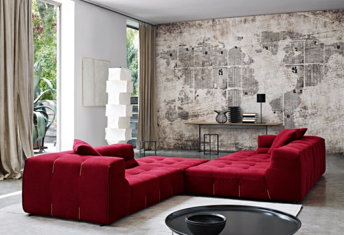 pared-pintura-ideas-capuchino-wall-e-sofá-en-el-color rojo