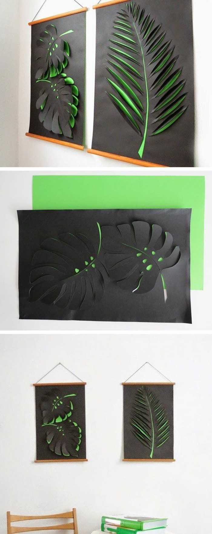 wanddeko-itse-make-seinäsomisteiden-ideoita 3d Blatter-of-grunem-ja-musta-paperi