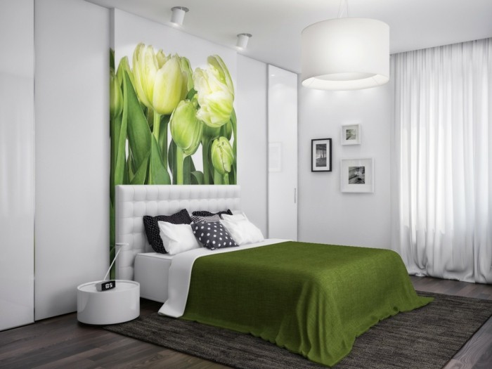 χρώμα του τοίχου πράσινο Κομψό-υπνοδωμάτιο-super-κρεβάτι-και-εικόνα-to-the-wall