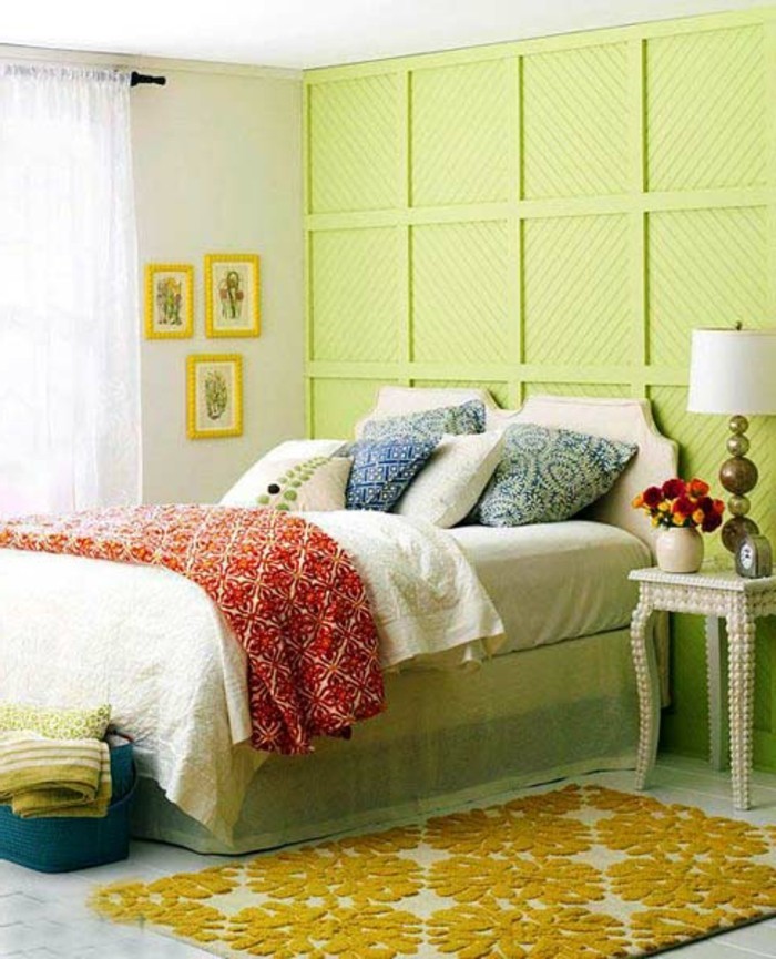 mur couleur vert-jaune-tapis-unikales-modèle-chambre