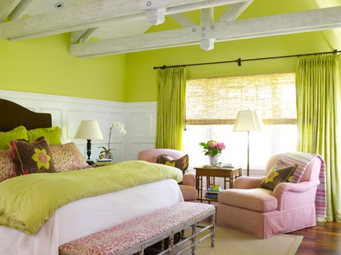 το χρώμα τοίχων, πράσινο και πανέμορφα υπνοδωμάτια-με-ένα-ρόδινο, καρέκλα