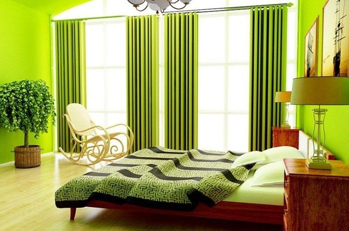 couleur de mur vert-grands-rideaux-et-confortable lit en une chambre