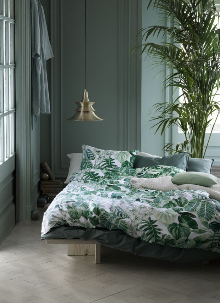 couleur de mur vert-unikales-modèle-chambre-belle-lits
