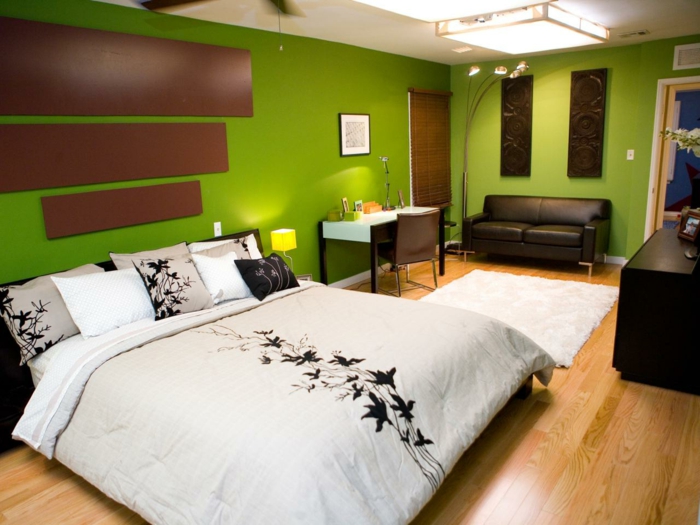 χρώμα του τοίχου πράσινο όμορφο υπνοδωμάτιο επιβιβάστηκαν με-brown--