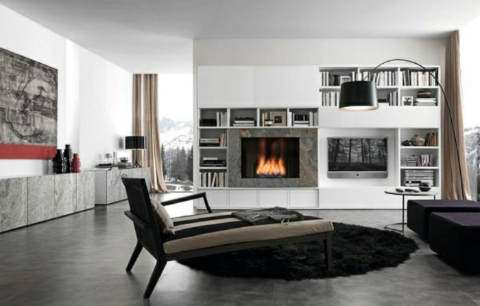 fal színe szürke és fekvőfotel-kandalló-modern nappali