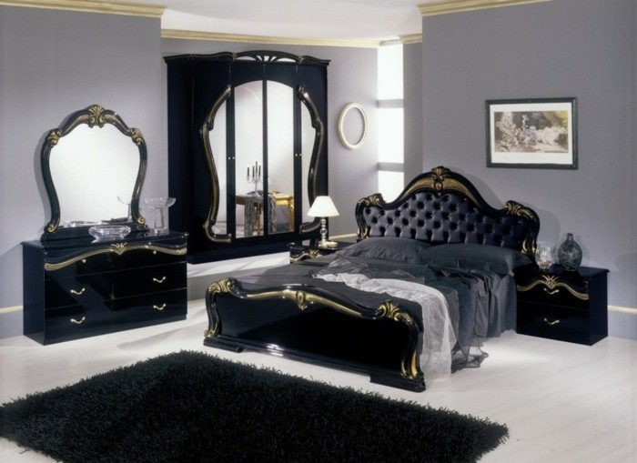 mur couleur gris-noir-baroque-meubles-tapis-intéressant-la-chambre