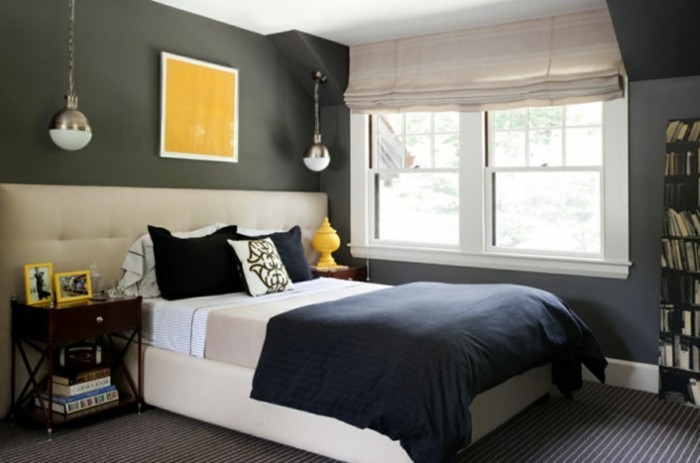 χρώμα τοίχου και γκρι-μεγάλη-design-υπνοδωμάτιο-με-ένα-κίτρινο-προφορά εικόνα-to-the-wall