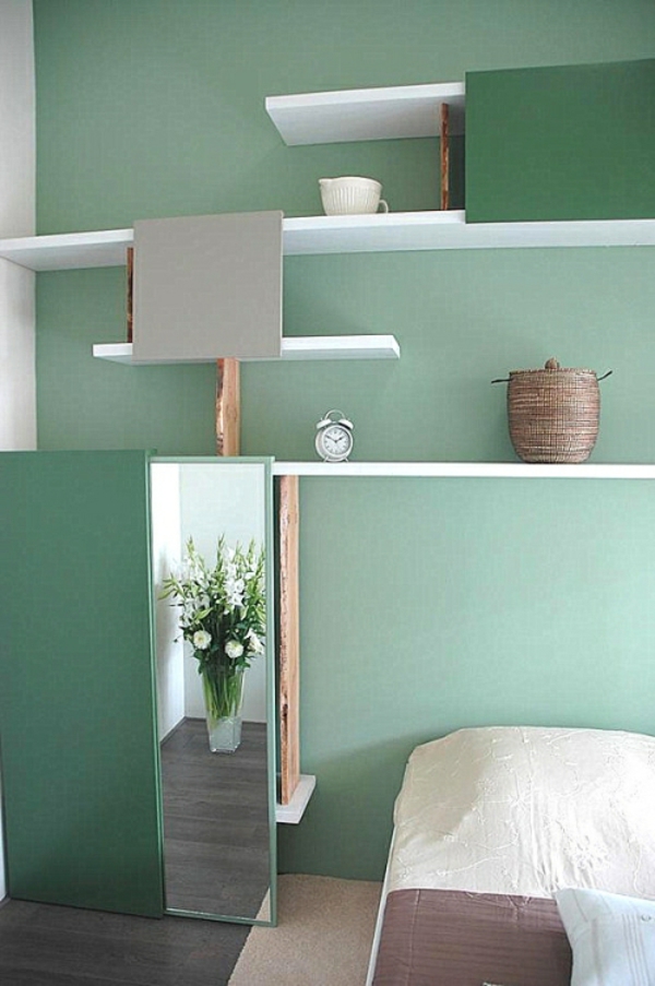 seinän väri-mintunvihreä-hyllyt-yksinkertainen makuuhuoneen-sisustus-ideoita-in-minttu