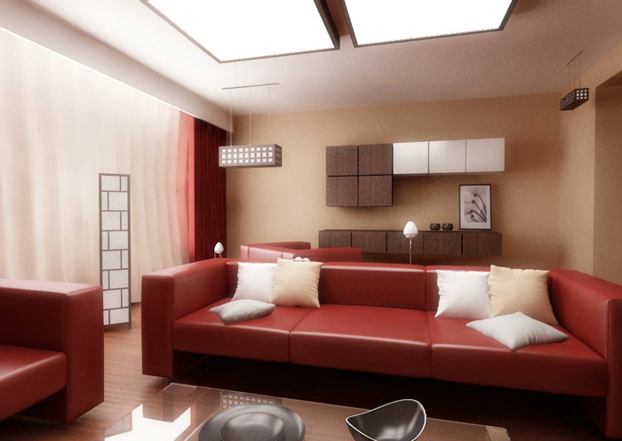 Color de la pared-ideas-salón-calentamiento matizada-sofá-en-el-color rojo