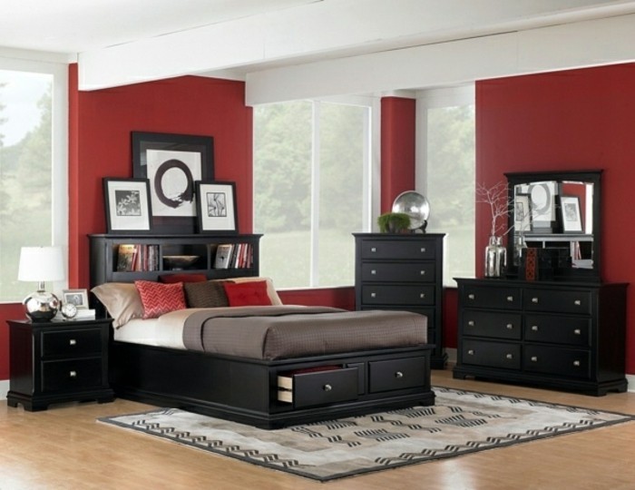 τοίχο σχεδίασης με χρώμα-ελκυστική-σύγχρονο-υπνοδωμάτιο-κόκκινο-και-μαύρο-αγώνα