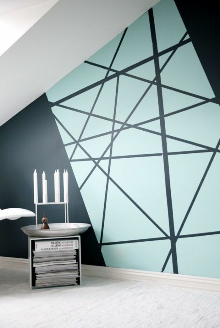τοίχο σχεδιασμός-με-χρώμα-γαλάζιο-γεωμετρικά σχήματα--σκούρο γωνίες-και-άκρη
