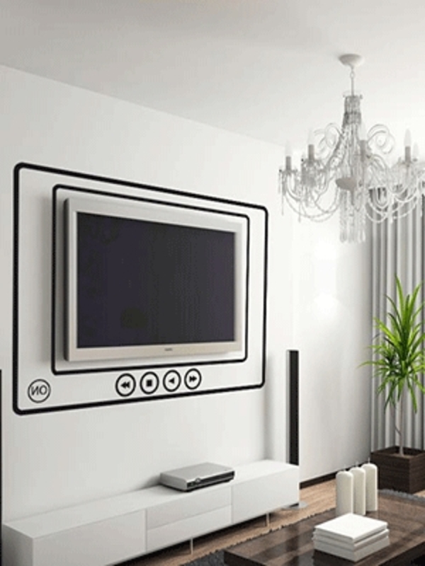 קווים שחורים דקורטיביים סביב טלוויזיה - סלון מודרני עם קירות דקורטיביים