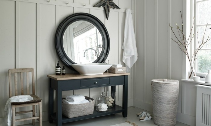 λεκάνη-ξύλο-στρογγυλό καθρέφτη-μικρό-όμορφα-μπάνιο