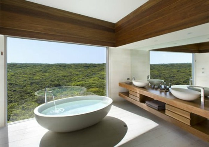 vízgyűjtő-fa-két mosdó ovális ovális kád-panorámákat ablak-a-fürdőszobában