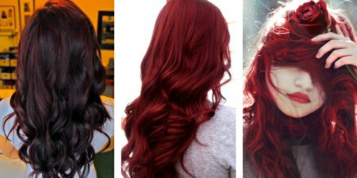 Кой цвят на косата е подходящ за мен? кафява къдрава коса на снимка № 1, червеникавокафява вълнообразна коса с блясък върху снимка № 2, тъмночервена коса на снимка №3, момиче с червена коса и червена роза в ръка, с пълен червен устните и овално бледо лице