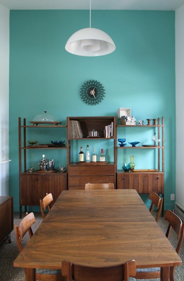 couleurs turquoise bois Wohnideen-mur meubles table