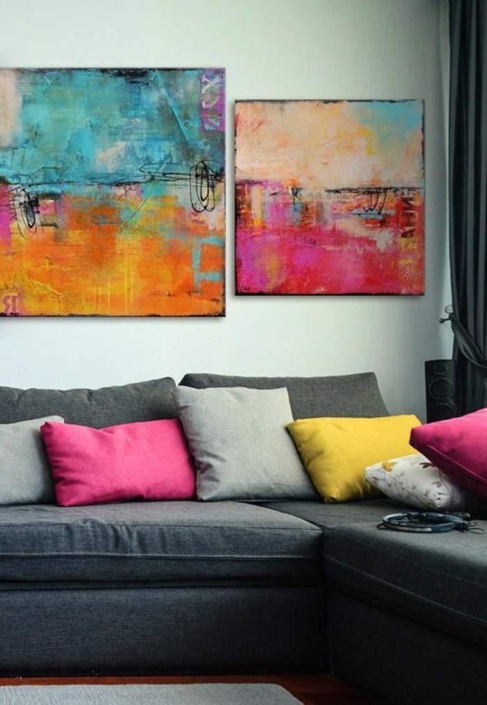 客厅的色彩设计抽象油画灰角灰色的枕头，枕头盒zyklamenfarbige