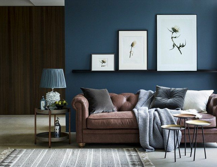蓝色的客厅墙壁，装饰着三种不同尺寸的植物图片