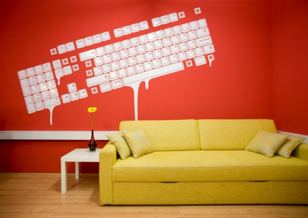 कमरे में रहने वाले डिजाइन-कमरे में रहने वाले सेट-einrichtugsideen-लिविंग रूम आधुनिक दीवार डिजाइन-पीले सोफे लाल दीवार