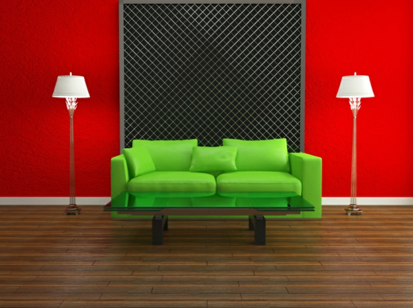 कमरे में रहने वाले डिजाइन-कमरे में रहने वाले सेट-einrichtugsideen-लिविंग रूम आधुनिक दीवार डिजाइन लाल दीवार हरी सोफे