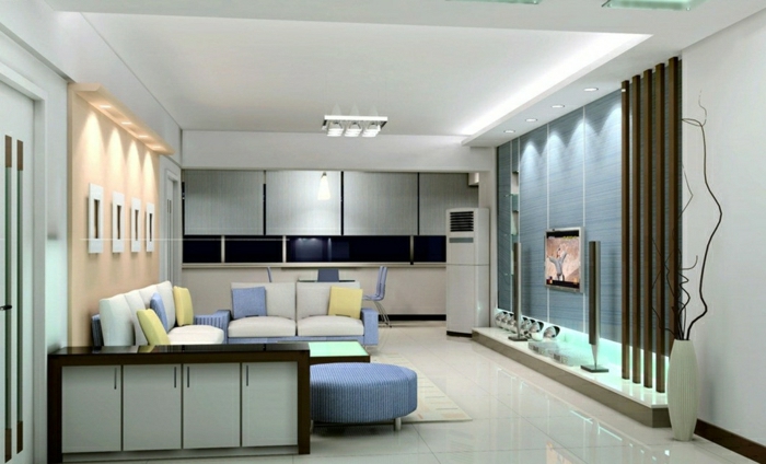 הסלון-עיצוב-סלון-set-קיר לוחות-tv-קיר-קיר TV-in-כחול