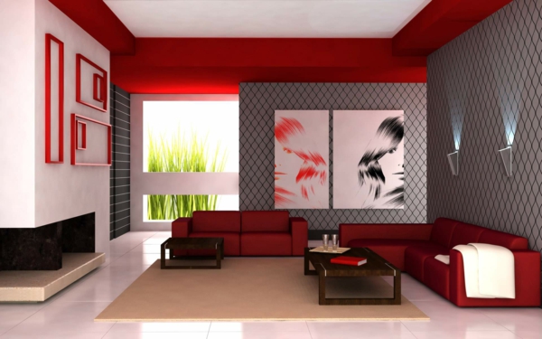 Πολυτελές σαλόνι με γκρίζους τοίχους και κόκκινες λεπτομέρειες