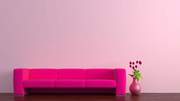 σαλόνι με όμορφο χρώμα τοίχο ροζ καναπέ με τριαντάφυλλα δίπλα σε αυτό