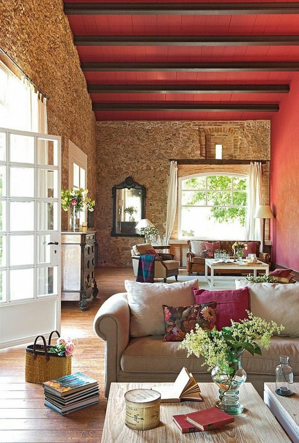 客厅乡村特色 - 红天花板
